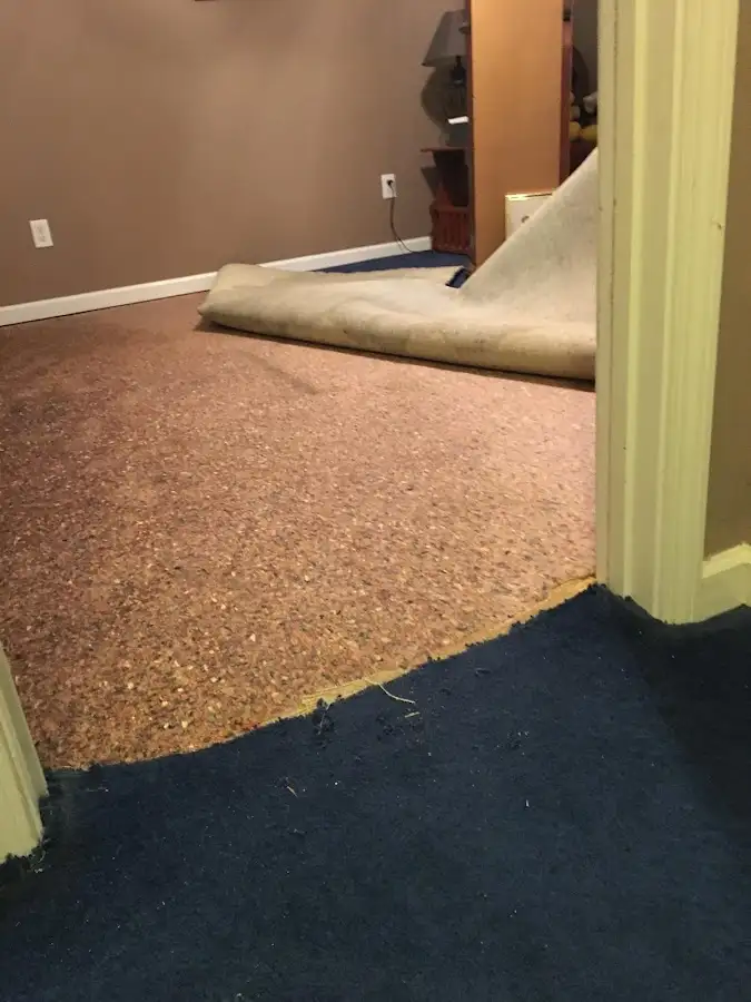 Carpet pad removal revealing water damage during Water Mitigation Services in Barling